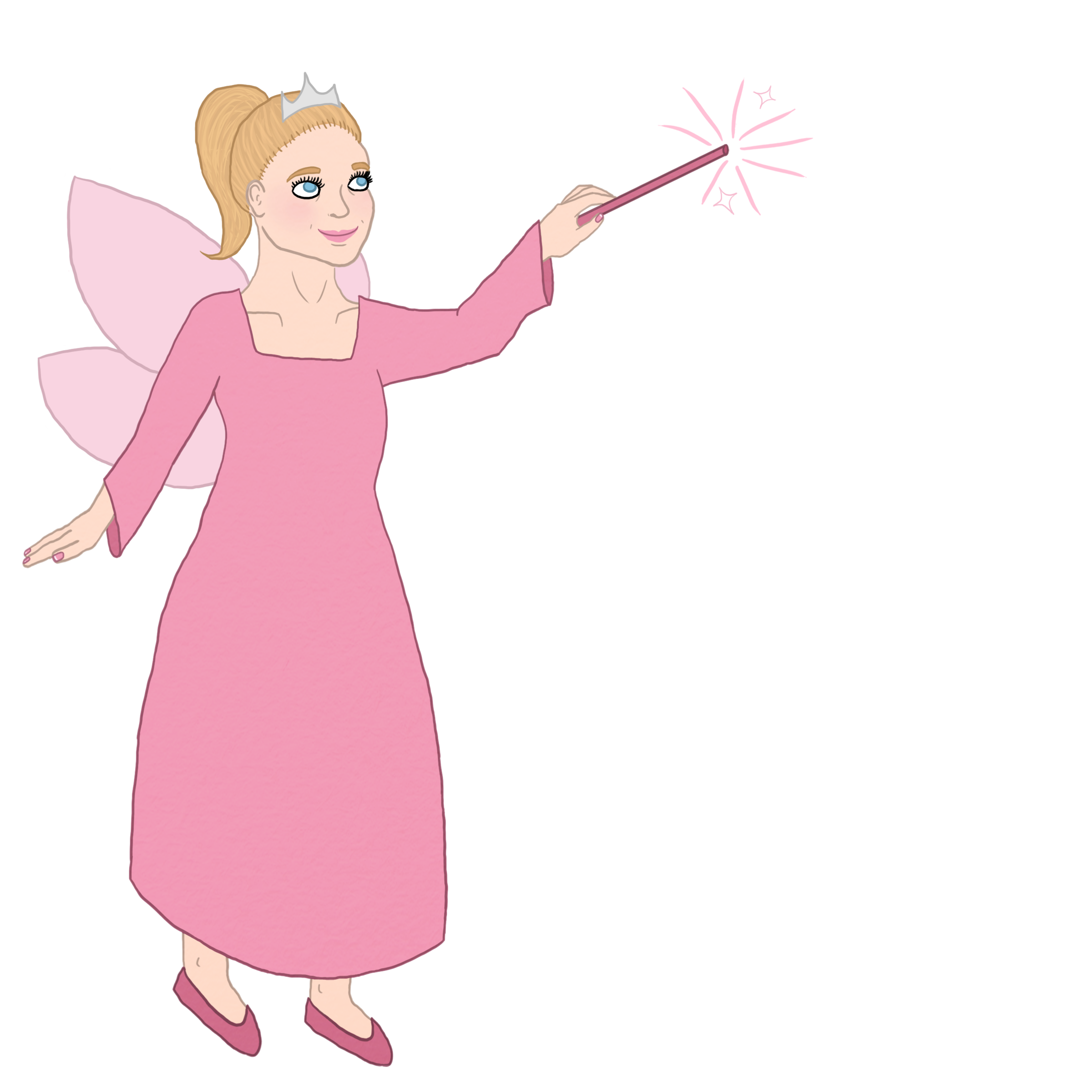 A younger version of the fairy godmother, with a blonde ponytail and a tiara.